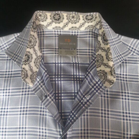 Thomas Dean SZ M French Cuff 100% Cotton Navy/White Plaid Men's Button Up Shirt - Picture 6 of 15